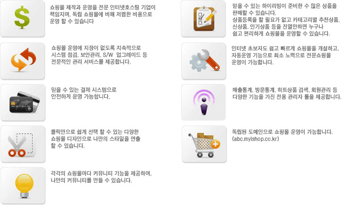 쇼핑몰 제작과 운영을 전문 인터넷호스팅 기업이 책입지며, 독립쇼핑몰에 비해 저렴함 비용으로 운영할 수 있습니다.